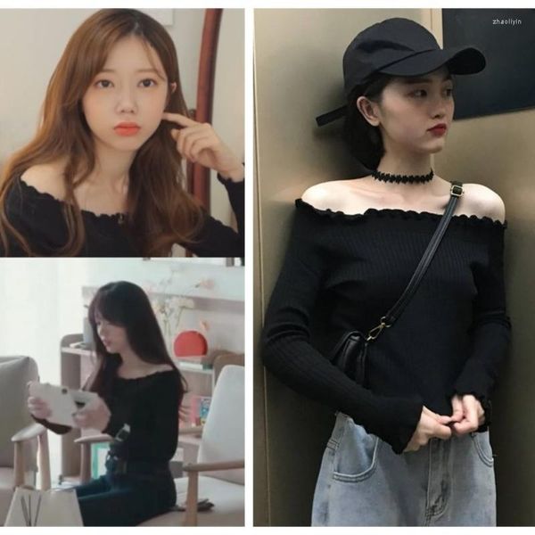 Damenpullover Kpop Korean Drama Sexy Girl Schwarz Slim Strick Damen Sommer Streetwear Fashion Langarmpullover Off-Shoulder-Pullover