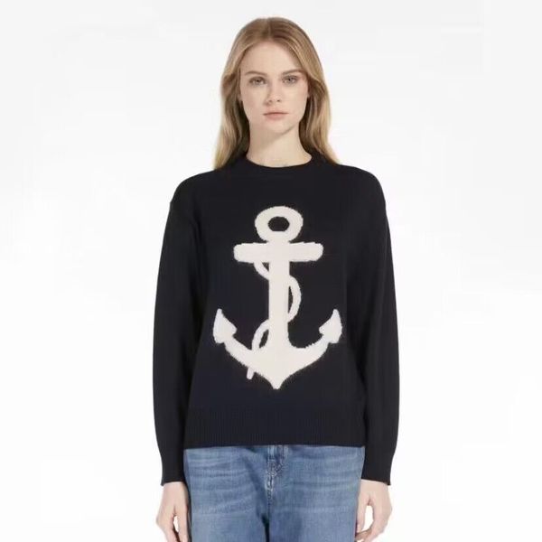 2024 Maglione lavorato a maglia Pullover Donna O-Collo Manica lunga Casual Lettera Anchor Top Tira Femme Mujer Jumper Mara