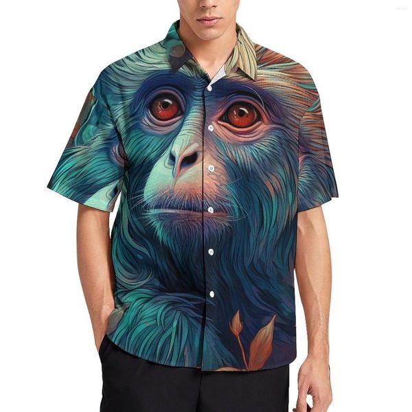 Camisas casuais masculinas macaco solto camisa homens férias néon pintura colorida havaiana gráfico de manga curta moda blusas de grandes dimensões