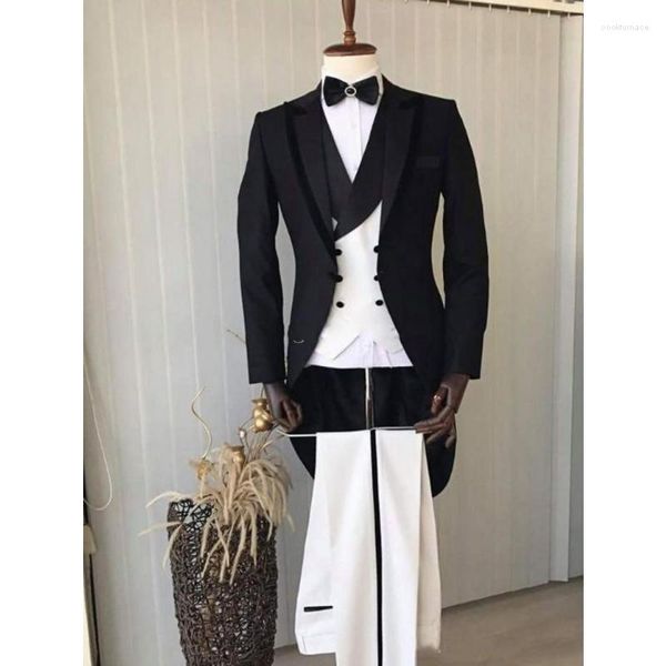 Мужские костюмы, черный, белый, мужской костюм, 3 шт., облегающий костюм с воротником на застежке, свадебное платье, смокинги для жениха, пальто для выпускного, куртка, брюки, жилет