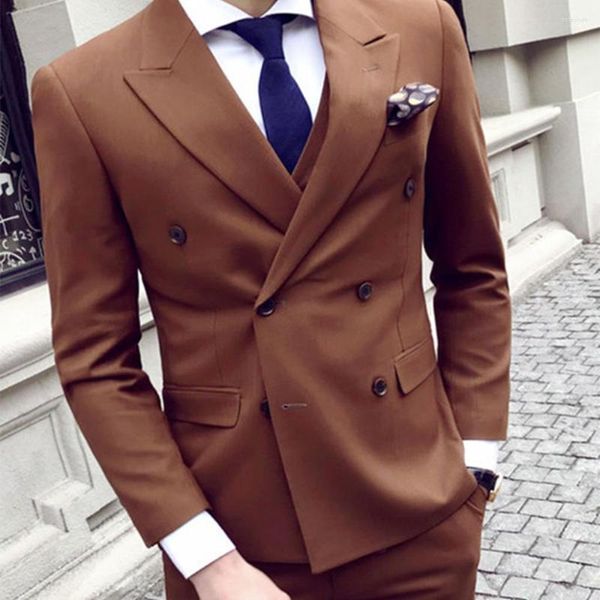 Abiti da uomo Personalizzati Marrone Uomo Tinta unita Blazer doppiopetto Pantaloni Giacca 3 pezzi Pantaloni Gilet Abiti da festa Abbigliamento formale da lavoro