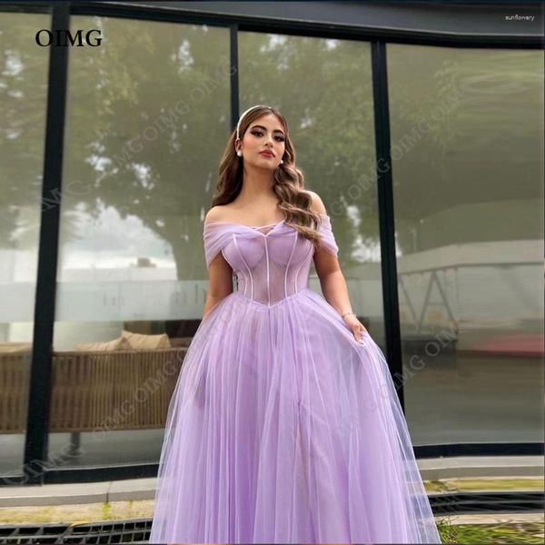 Abiti per feste Oimg Lavender Tulle Long Prom Off spalla A-Line Night Evening Women Women Simple Custom Formale Occases Abito