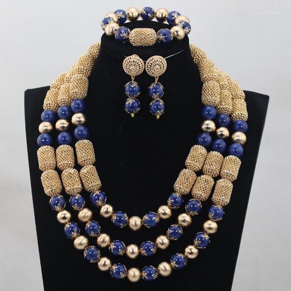 Colar brincos conjunto est luxo jóias de casamento azul contas de pedra natural coral nupcial abh161