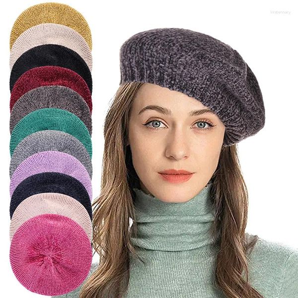Berets 11 cores mulheres cor sólida malha macia feminina casual acrílico chenille tecido tampas senhoras moda artista francês chapéus
