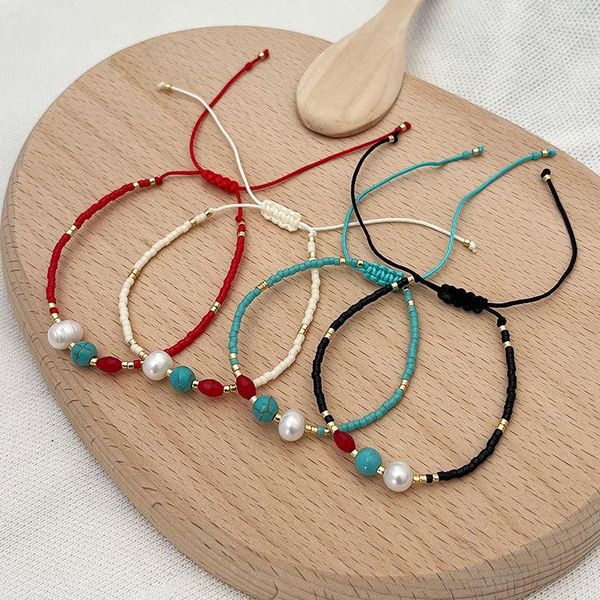 Strang-Perlen-Armband, Perle, Naturstein, Originalität, Handstricken, verstellbares Design, böhmische türkisfarbene Reisperle