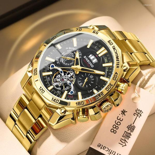 Relógios de pulso Binbond Men Wrist Watches Watches Stainless Steel Quartz Gold Watch for Waterproof Relogio Masculino por atacado