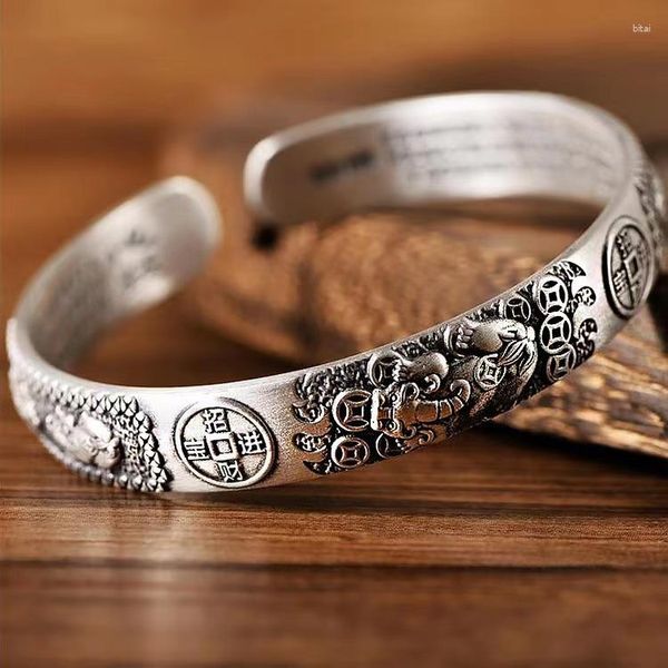 Bracciale rigido placcato in argento Braccialetti con scrittura Pixiu retrò mascotte mitologiche cinesi Bracciale di apertura per uomo Regali di gioielli di buon auspicio