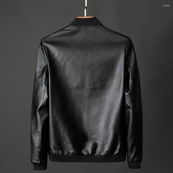 Jaquetas masculinas para clima frio, casaco estiloso de couro sintético para motocicleta, à prova de vento, gola com zíper, bolsos para outono/inverno