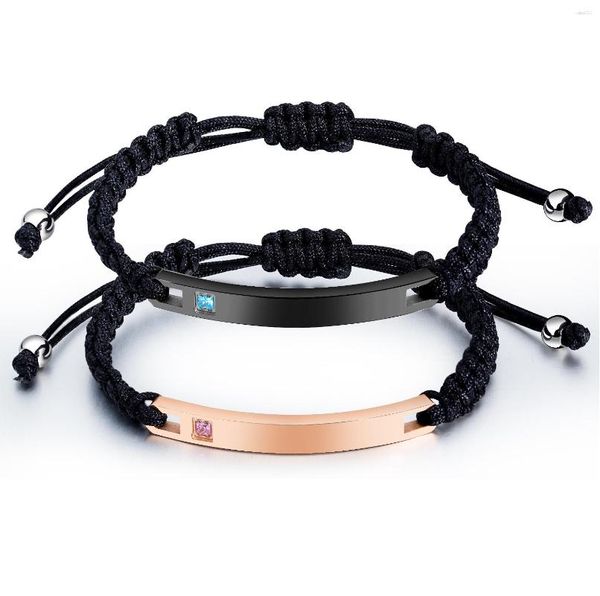 Link pulseiras 5 pçs/aço inoxidável oco coração retângulo em branco barra corda pulseira preto trançado corda tecido mão-malha