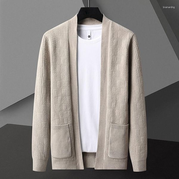 Erkek Sweaters Yüksek Son Marka Düz Renk Cep Jakar Örme Haltan İlkbahar ve Sonbahar Kore Günlük Moda Şal Sweater Ceket