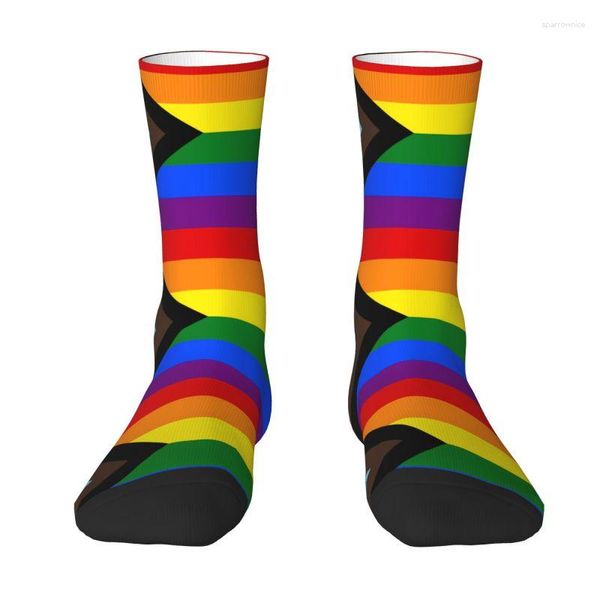 Meias masculinas LGBT Progress Pride Flag Dress Mens Womens Warm Fashion Gay Crew