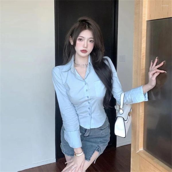 Женские блузки, корейская версия, сексуальный чистый стиль, с поясом с длинными рукавами, синяя рубашка для женщин, тонкий дизайн, шикарный укороченный топ, трендовая блузка