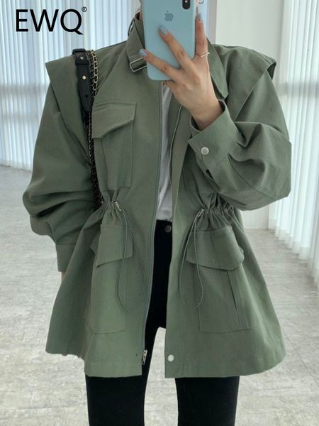 Jaqueta feminina mistura de lã ewq casaco chique versátil gola multi bolso cordão cintura fina manga comprida jaqueta de comprimento médio 2023 outono 230923