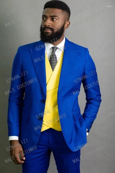Ternos masculinos azul real fino ajuste 3 peças moda terno amarelo duplo breasted colete smoking para homem casamento homem blazer