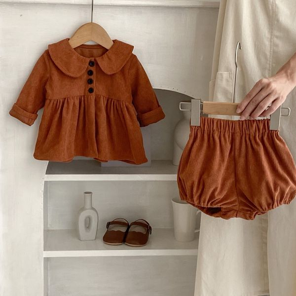 Conjuntos de roupas Ins Primavera Outono Bebê Meninas 2 PCS Roupas Set Corduroy Manga Longa Sólida Tops Puffy Calças Terno Criança Outfits 230923