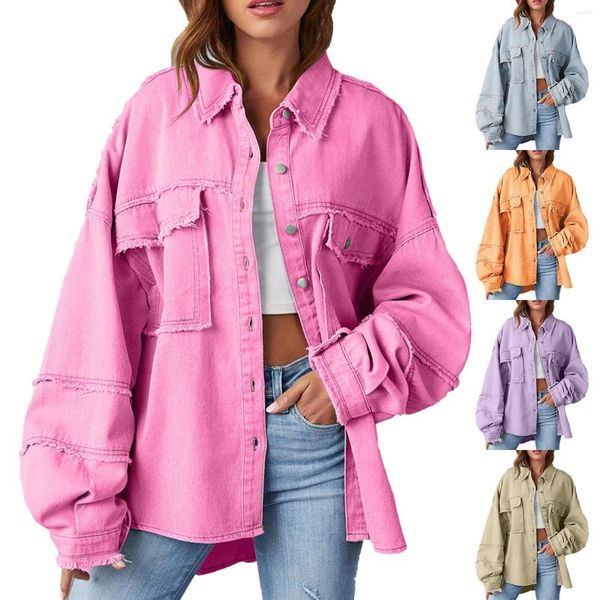 Женские куртки Джинсовая куртка потертая легкая джинсовая с длинными лацканами с большим карманом и пышными карманами для женщин приталенного кроя