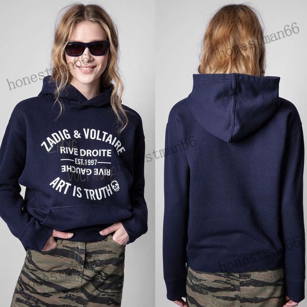 23AW Zadig Voltaire Designer Sweatshirt Neue ZV Frauen Pullover Pullover Brief Druck Hot Diamond Treasure Blau Baumwolle Hoodies Fleece Mode Sportshirt