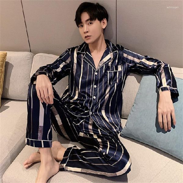 Pijamas masculinos outono pijamas imitação de seda manga comprida cardigan calças 2 peça conjunto juventude oversize casual casa roupas luxo