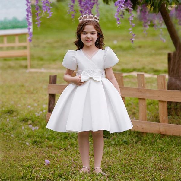 Vestidos de menina colher mangas curtas cinto de renda festa de casamento crianças elegante vestido de baile cetim roupas para crianças