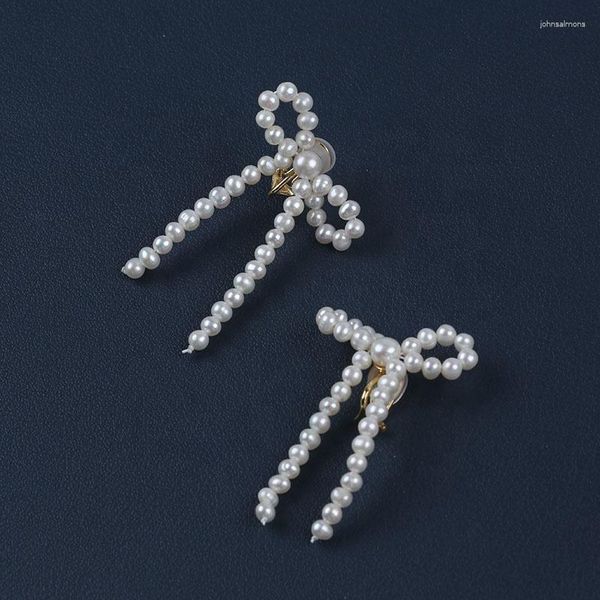 Brincos traseiros femininos, joias finas, cor branca natural, pérola de água doce de batata, clipe de orelha de prata 925
