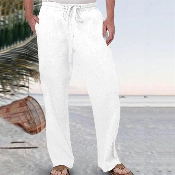 Calças masculinas homens algodão linho cor sólida respirável bolso elástico cintura calças corredores fiess solto hip hop sweatpants praia