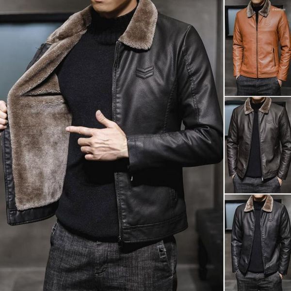 Jaquetas masculinas grossas jaqueta de couro marrom homens inverno outono moda faux pele gola de pelúcia à prova de vento veludo quente lapela sólida zíper casaco
