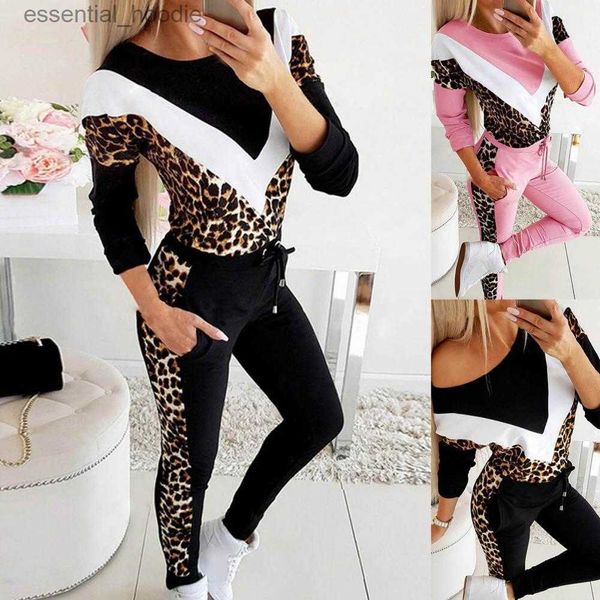 Tute da donna Set da due pezzi Tuta da donna Abiti primaverili Felpa con giunture stampate leopardate Top e pantaloni Set da jogging Fe Abiti sportivi L230925