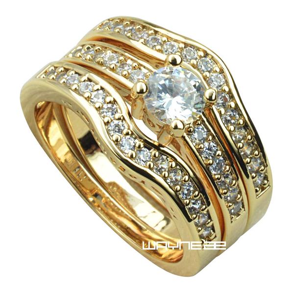 Conjunto de alianças de casamento de noivado Fille em ouro amarelo 18k com cristal R179 M-U2255