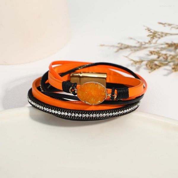 Charme Armbänder Allyes Vintage Stein Multilayer Wrap Lederarmband für Frauen Halloween Orange Kürbis Strass Lange Schmuck Geschenk