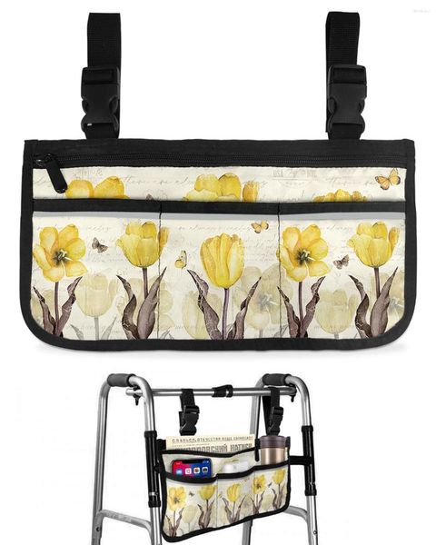 Sacos de armazenamento Vintage Flores Borboletas Tulipas Amarelas Saco de Cadeira de Rodas Apoio de Braço Scooter Elétrico Andando Quadro Bolsa