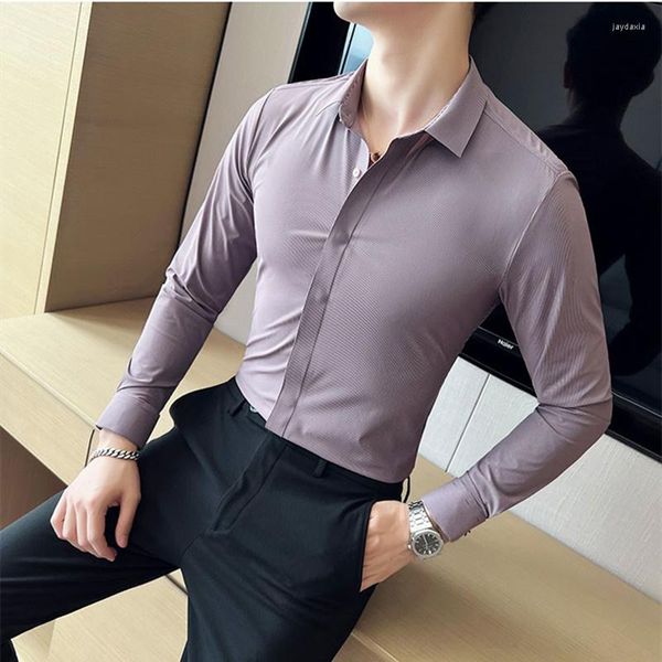 Camisas de vestido masculinas 2023 estiramento camisa de manga longa para homens lazer negócios não-ferro gelo seda moda coreano slim fit verde S-4XL