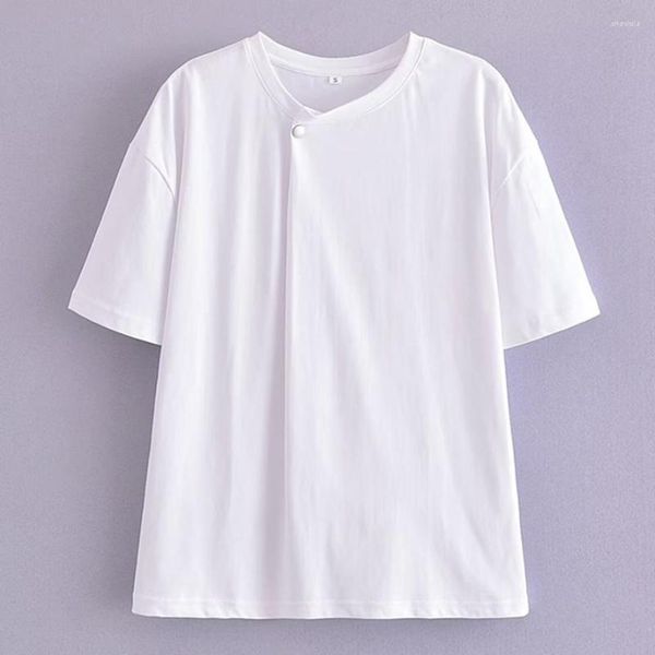 Camisetas femininas murchas moda simples verão t-shirt botão decoração em torno do pescoço puro algodão branco mulheres top