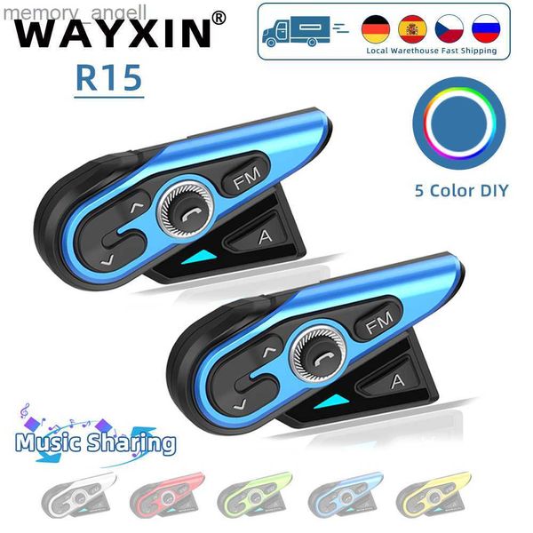 Walkie Talkie WAYXIN R15 Capacete Fone de ouvido Bluetooth Intercomunicador para motocicleta Intercomunicador sem fio Moto Interfone 1200M Rádio FM Compartilhamento de música HKD230925