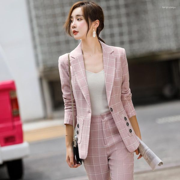 Calças femininas de duas peças moda casual blazer mulheres ternos de negócios calça e jaqueta define senhoras trabalho pantsuits uniforme de escritório rosa xadrez