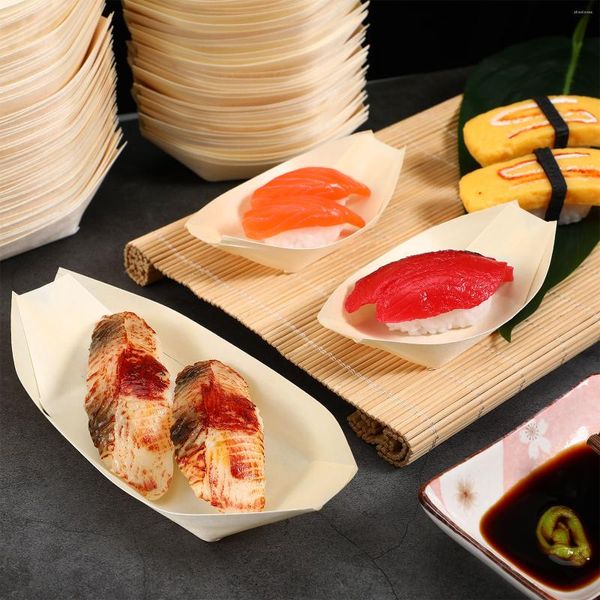 Set di stoviglie 100 pezzi Vassoi in legno per kayak Scatola usa e getta per barca da sushi Sashimi che serve bambino