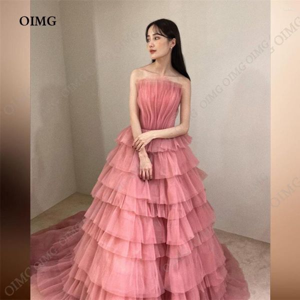 Partykleider Pfirsichrosa Rüschen Abgestufter Abschlussball Trägerloses ärmelloses Ballabendkleid Formaler Festzug Korea Elegantes Hochzeitskleid