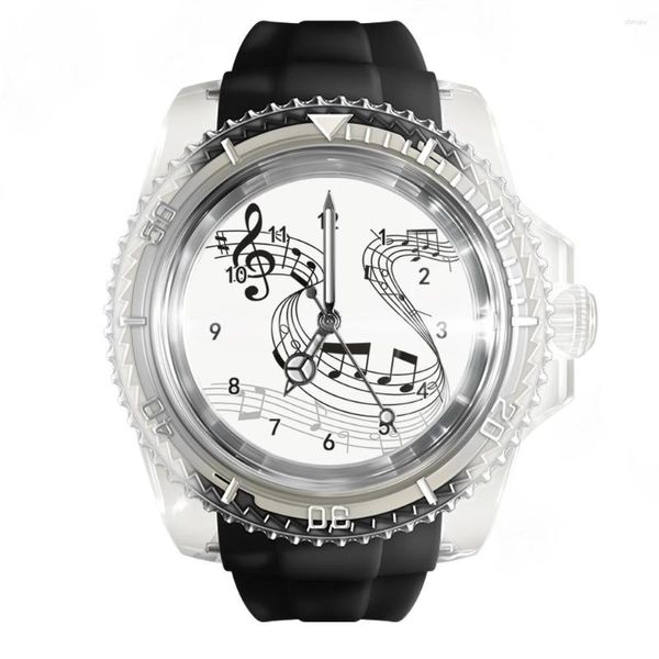 Armbanduhren Modische transparente Silikon-Schwarz-Uhr, Musik-Symbol-Muster, Uhren für Herren und Damen, Quarz-Sport-Armband