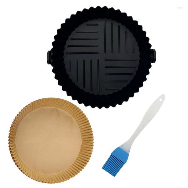 Bakeware aletleri silikon hava fritöz sepeti seti yeniden kullanılabilir ısı geçirmez tepsi yapışmaz tencere kasesi ile kağıt astarlar pişirme yağ fırçası mutfak