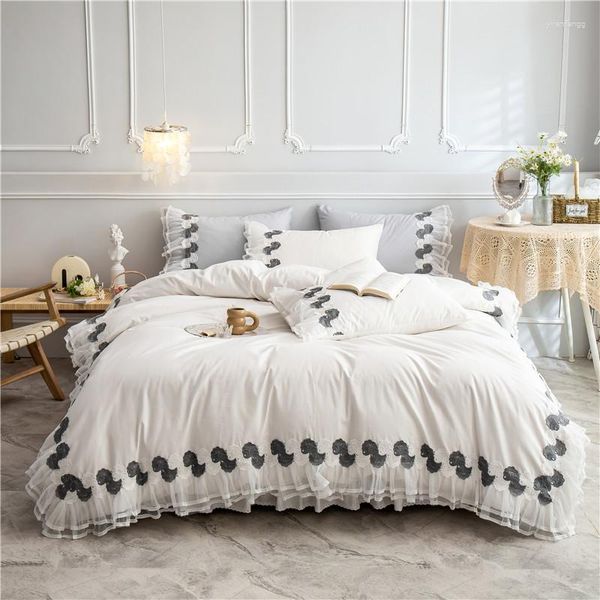 Saia de cama estilo princesa laço branco algodão conjunto cama capa edredão linho fronha lençol hometextile 4 pçs