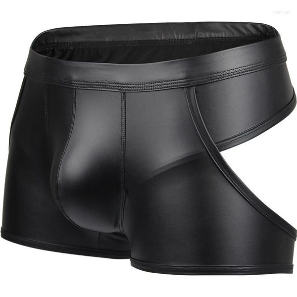 Cuecas homens boxer shorts sexy grande pênis saco calcinha de couro oco para fora erótico gay roupa interior marca perna longa
