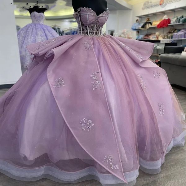 Lila Lila Prinzessin Ballkleid Quinceanera Kleider Perlenapplikationen Vestidos De 15 Anos Prom Party Kleider 322