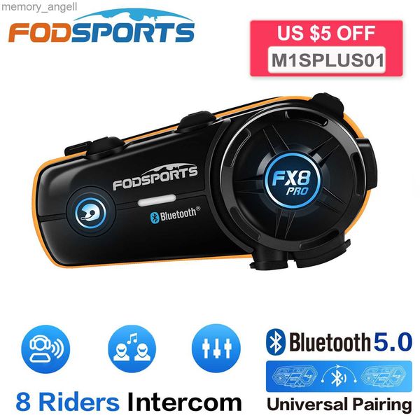 Walkie Talkie Fodsports FX8 Pro Interfono per moto Bluetooth 5.0 per 8 ciclisti 1000M Interfono Musica Condividi Suono di sottofondo FM Auricolare per casco HKD230925