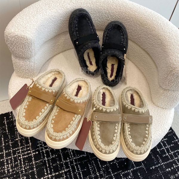 Moda designer de luxo na moda tecido camurça inverno plataforma chinelo de pele slide peludo fofo sapatos de neve lã shearling sandálias de luxo scuffs botas cáqui cinza preto