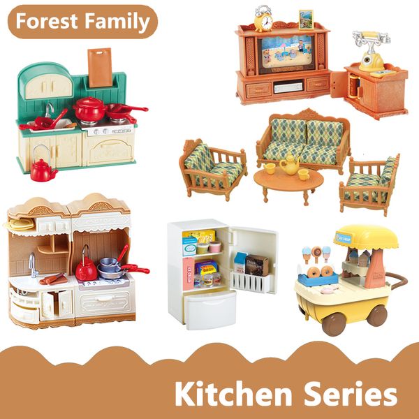 Cozinhas Jogar Comida Dollhouse Móveis 112 Escala Miniatura Floresta Família Animais Quarto Conjunto de Cozinha Acessórios para Menina Surpresa Brinquedo Presentes 230925