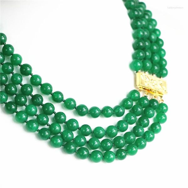 Catene Stile moda fai da te Stupenda bella 4 file di giade naturali 8 mm Collana di perle di pietra verde calcedonio MY5177