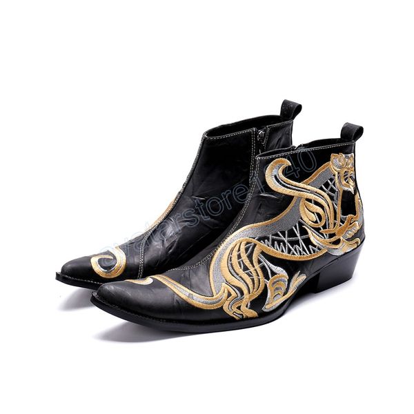 Freizeit Spitzschuh Reißverschluss Kleid Schuhe Original Stickerei Stiefeletten Chinesischen Stil Aus Echtem Leder Männlichen Cowboy Stiefel