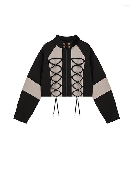 Giacche da donna Giacca patchwork Vintage stile coreano anni '90 Y2k Manica lunga Cappotto con lacci Moda allentata Streetwear Capispalla Top 2023 Vestiti