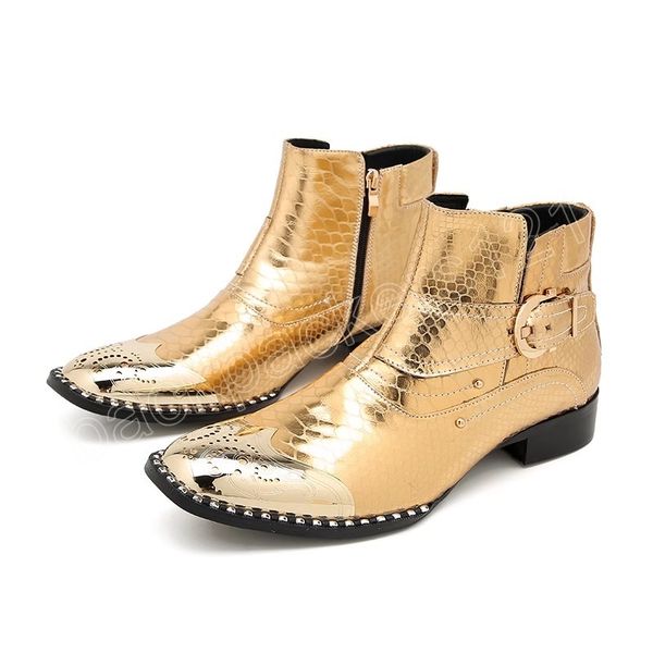 Stivaletti da uomo italiani Scarpe in vera pelle dorata Scarpe in pelle di serpente con punta quadrata in metallo Stivali eleganti da uomo Botas Hombre