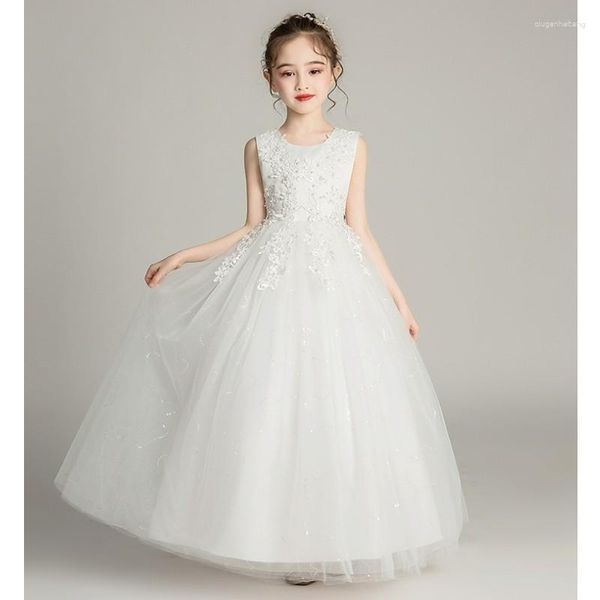 Vestidos de menina flor tule branco inchado estampado bordado lantejoulas sem mangas para casamento aniversário banquete primeira comunhão vestidos