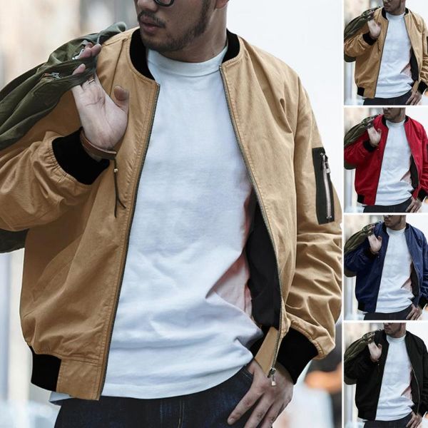 Herrenjacken Frühling Herbst Fliegerjacke Einfarbig gerippte Manschette Langarm Stehkragen Streetwear Slim Fit Reißverschluss Mantel zum Arbeiten